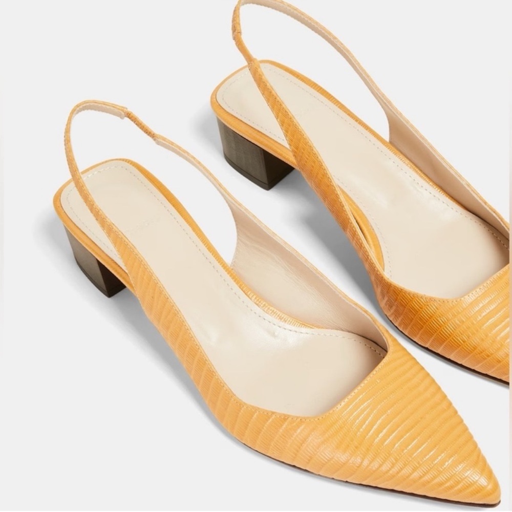 New! Theory Lizard-Embossed Leather Block Heel Slingback Pumps in Mustard Yellow